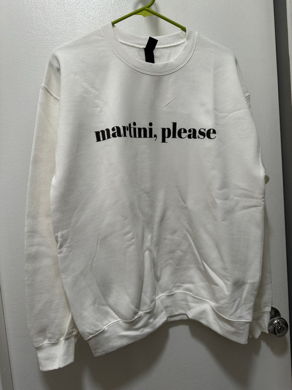 NWT Gildan Custom White Crewneck Sweatshirt with Black 'martini, please' Graphic